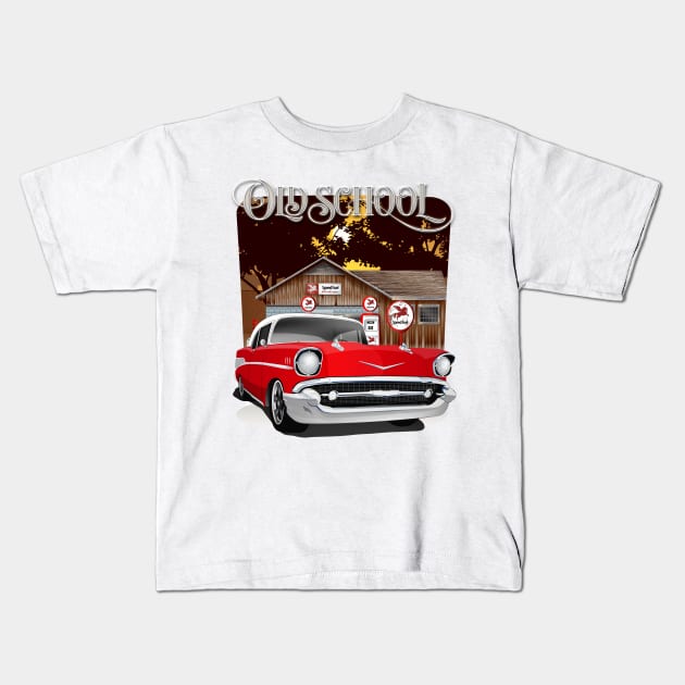 1957 Red and White Old School Chevy Bel Air Kids T-Shirt by RPM-ART